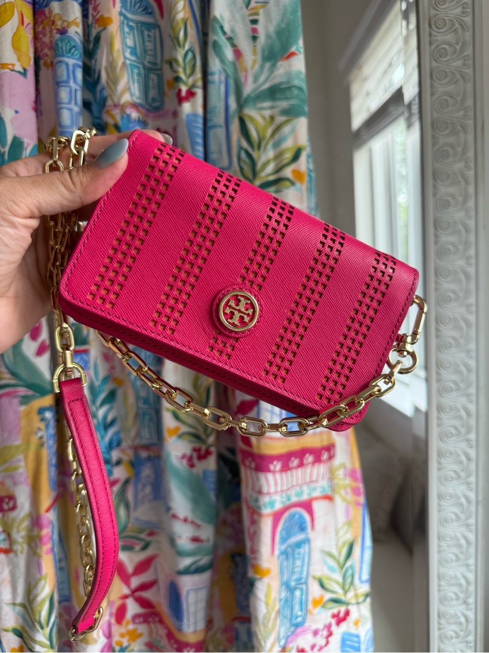 Tory Burch Hot Pink Robinson Perforated Mini Crossbody with Gold Chain